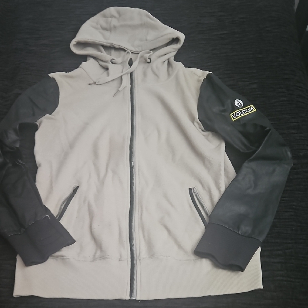 Volcom Men's Cream and Black Hooded Bomber Jacket